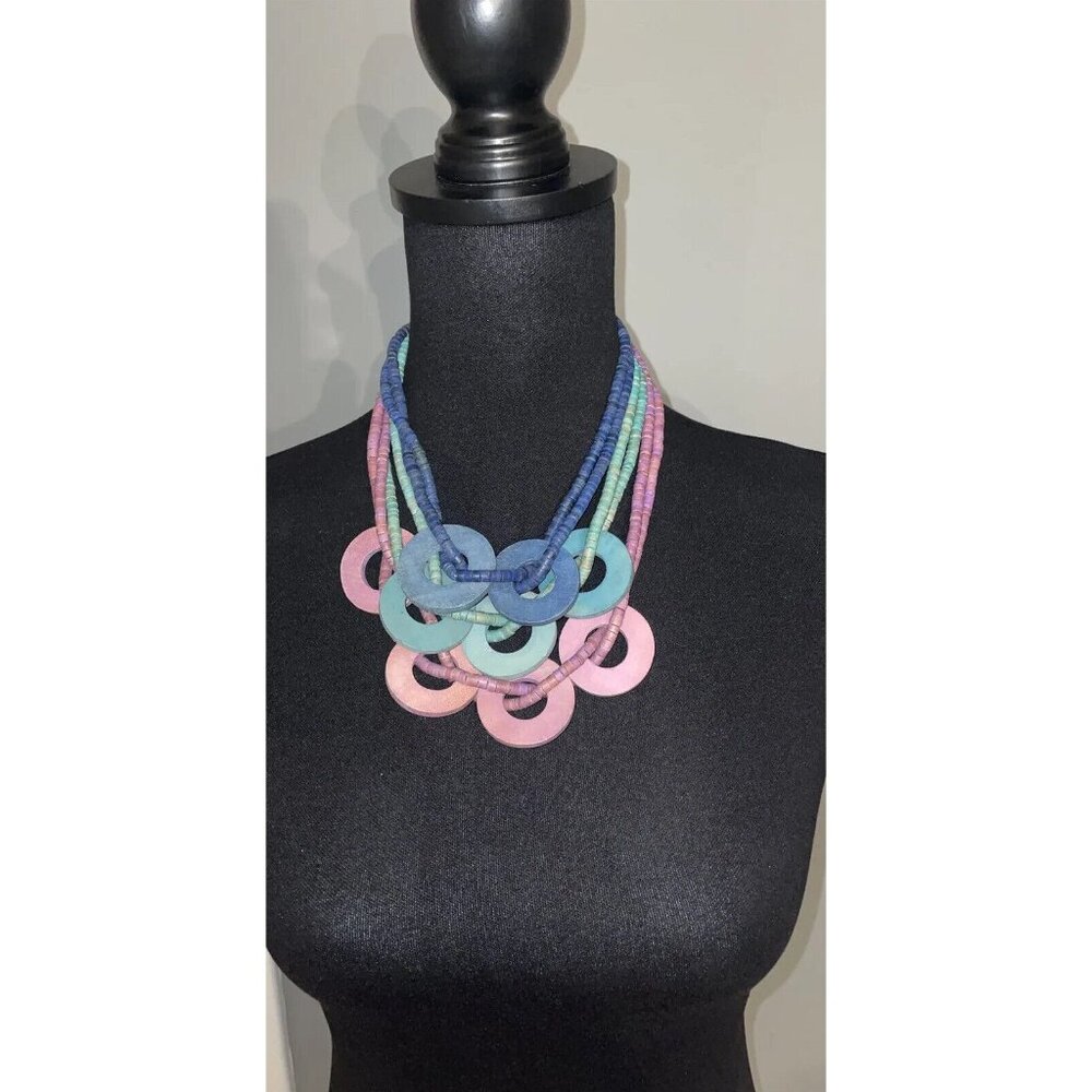 Vintage multi strand multi color purple green & blue wood beaded necklace Circle - Picture 2 of 15